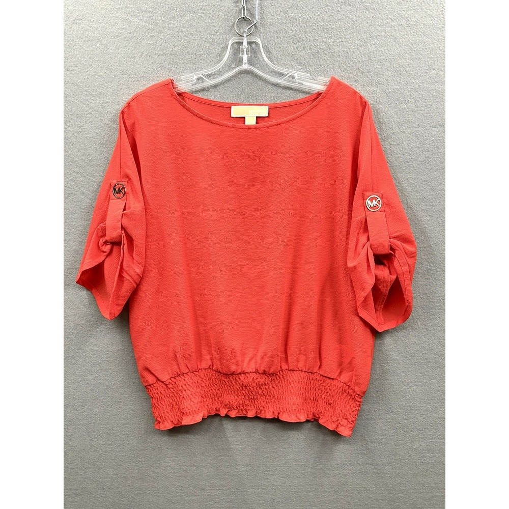 EUC Michael Kors Coral Textured Dolman Sleeve Smocked Waist Blouse Top Women's M